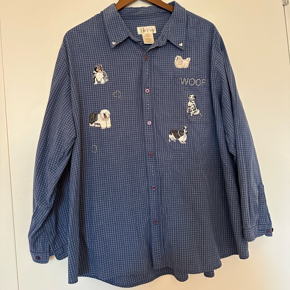 Unique embroidered dog rhinestone cotton flannel blouse